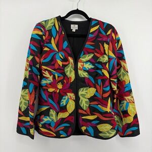 Chicos Silk Embroidered Floral Applique Jacket Black Multicolor SZ 0 / US‎ Small